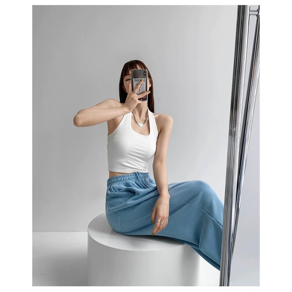 【掛脖背心 辣妹背心 吊帶】夏日穿搭 短板背心 繞頸背心 坑條材質 環頸背心 款肩帶-細節圖2