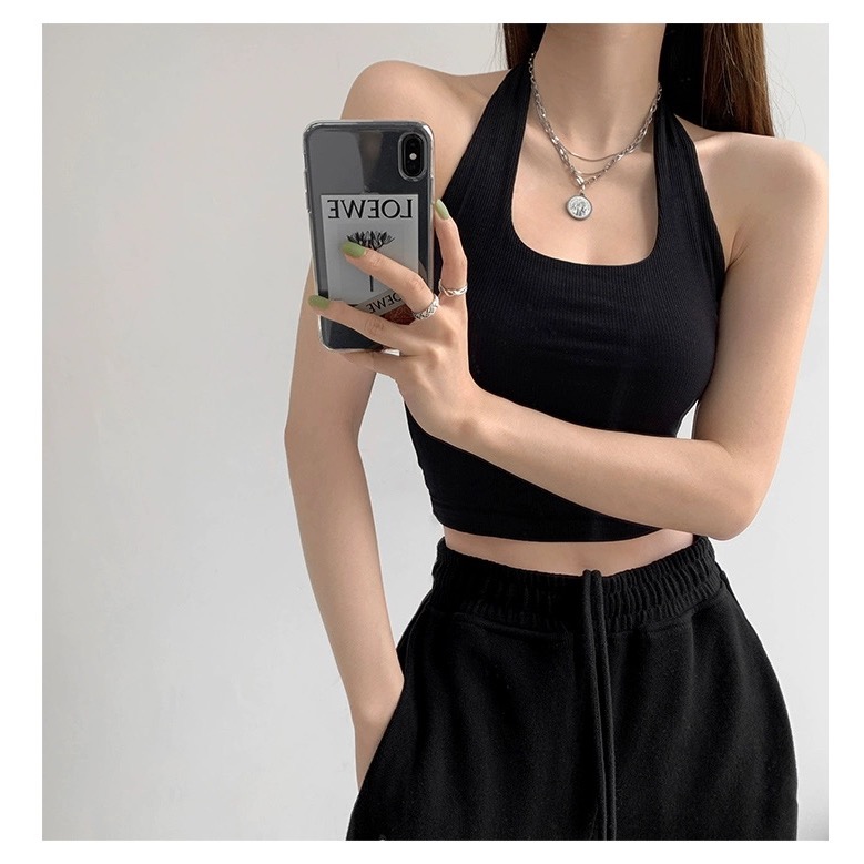 【掛脖背心 辣妹背心 吊帶】夏日穿搭 短板背心 繞頸背心 坑條材質 環頸背心 款肩帶-細節圖4