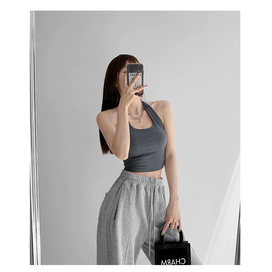 【掛脖背心 辣妹背心 吊帶】夏日穿搭 短板背心 繞頸背心 坑條材質 環頸背心 款肩帶-細節圖5