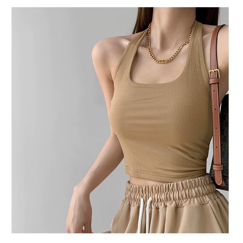 【掛脖背心 辣妹背心 吊帶】夏日穿搭 短板背心 繞頸背心 坑條材質 環頸背心 款肩帶-細節圖6