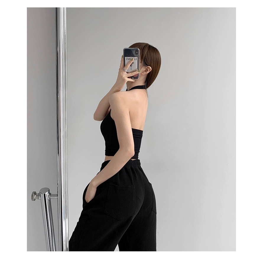 【掛脖背心 辣妹背心 吊帶】夏日穿搭 短板背心 繞頸背心 坑條材質 環頸背心 款肩帶-細節圖7