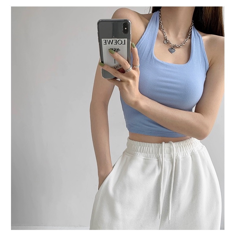 【掛脖背心 辣妹背心 吊帶】夏日穿搭 短板背心 繞頸背心 坑條材質 環頸背心 款肩帶-細節圖8