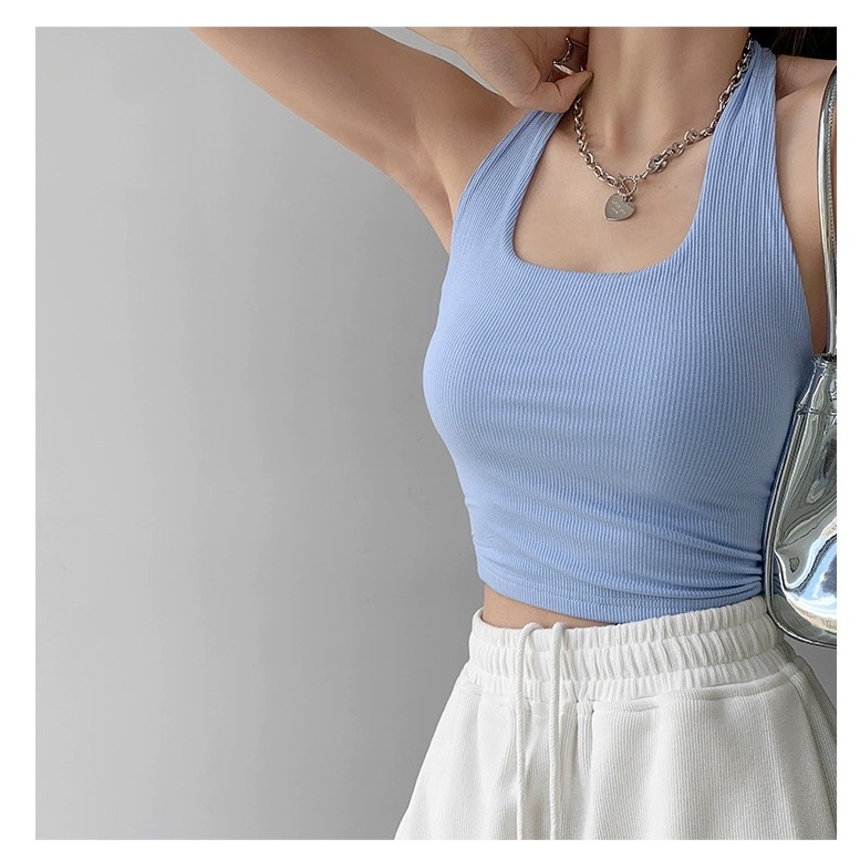 【掛脖背心 辣妹背心 吊帶】夏日穿搭 短板背心 繞頸背心 坑條材質 環頸背心 款肩帶-規格圖8
