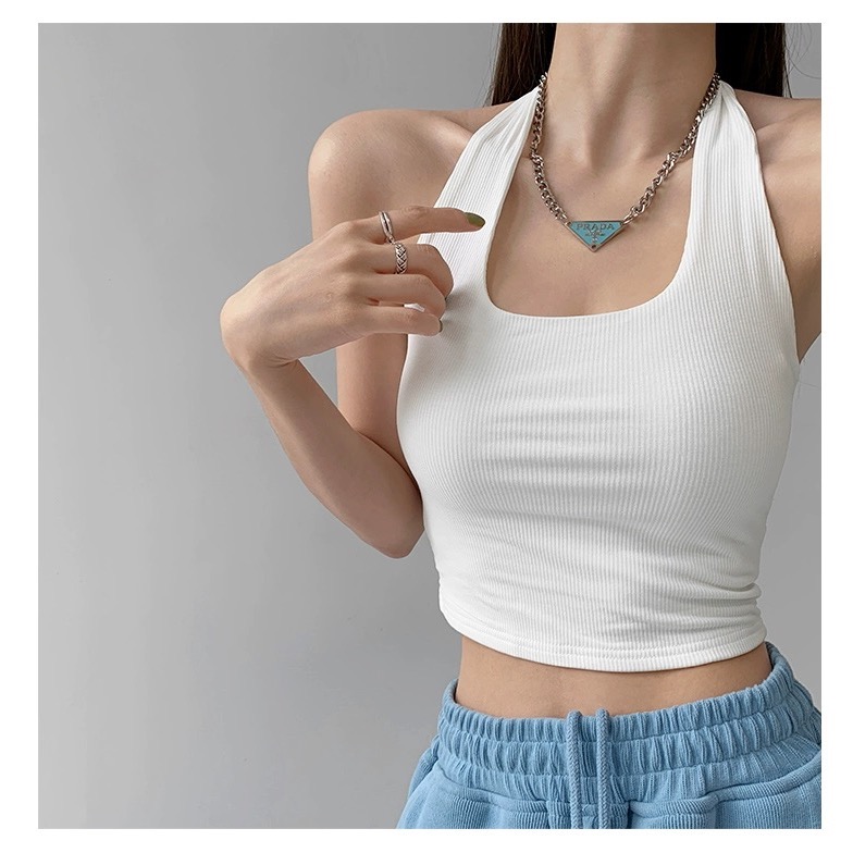 【掛脖背心 辣妹背心 吊帶】夏日穿搭 短板背心 繞頸背心 坑條材質 環頸背心 款肩帶-規格圖8