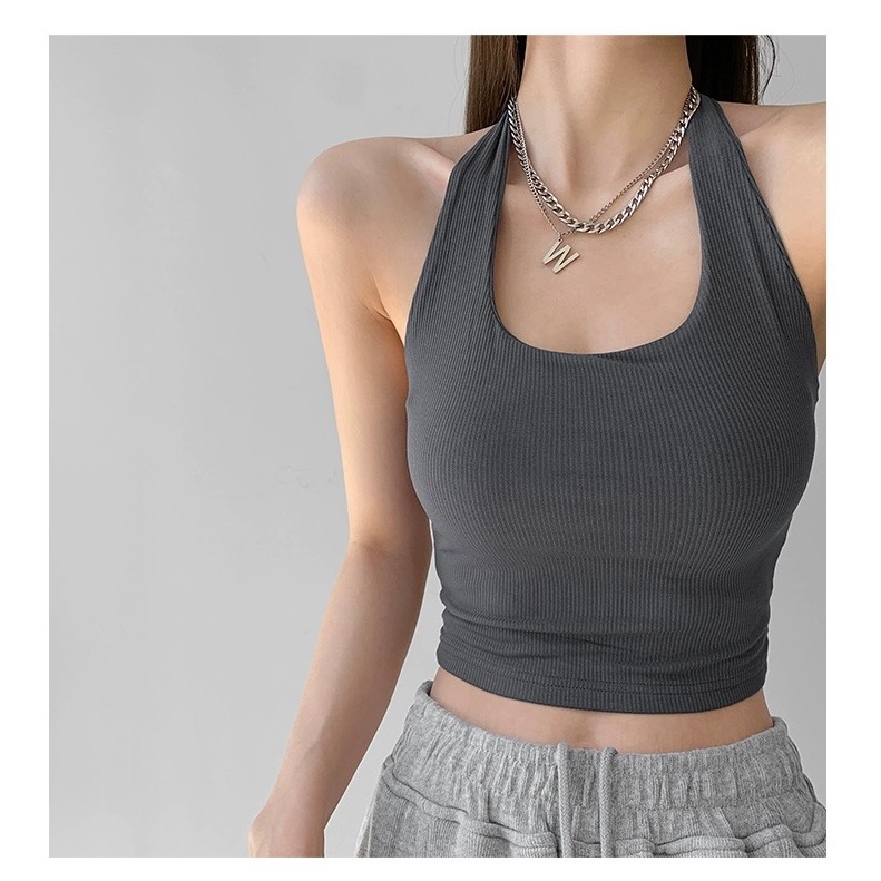 【掛脖背心 辣妹背心 吊帶】夏日穿搭 短板背心 繞頸背心 坑條材質 環頸背心 款肩帶-規格圖8