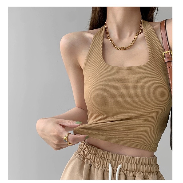 【掛脖背心 辣妹背心 吊帶】夏日穿搭 短板背心 繞頸背心 坑條材質 環頸背心 款肩帶-規格圖8