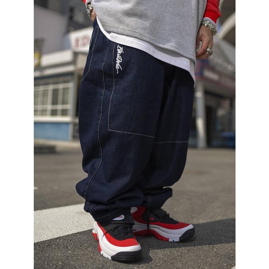 刺繡深藍大碼嘻哈牛仔褲-細節圖5