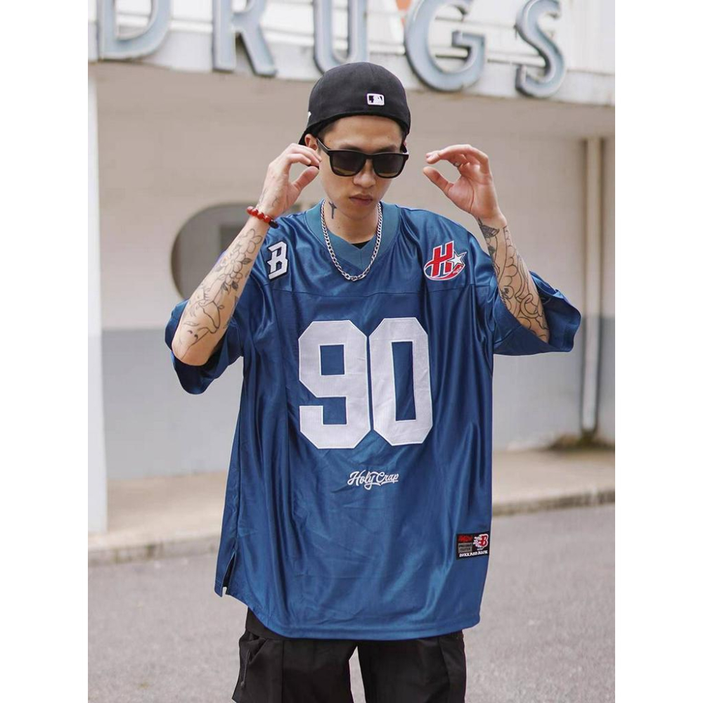 藍色 嘻哈 短袖球衣 西海岸 刺繡 街舞-細節圖4