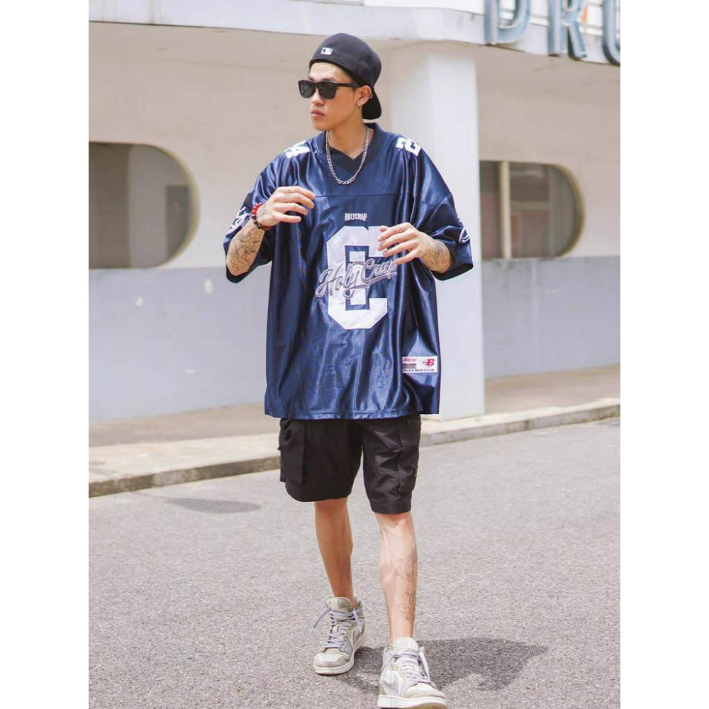 藍色 嘻哈 短袖球衣 西海岸 刺繡 街舞-細節圖6