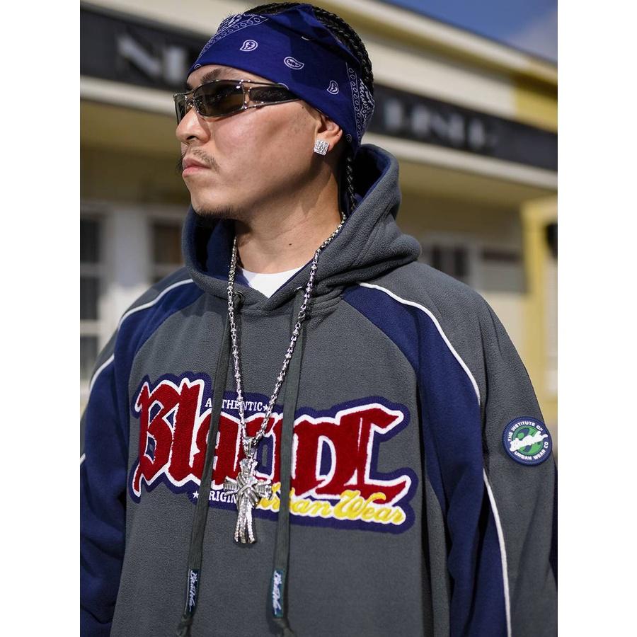 重磅拼接  撞色 刺繡 搖粒絨 長袖帽T-細節圖3