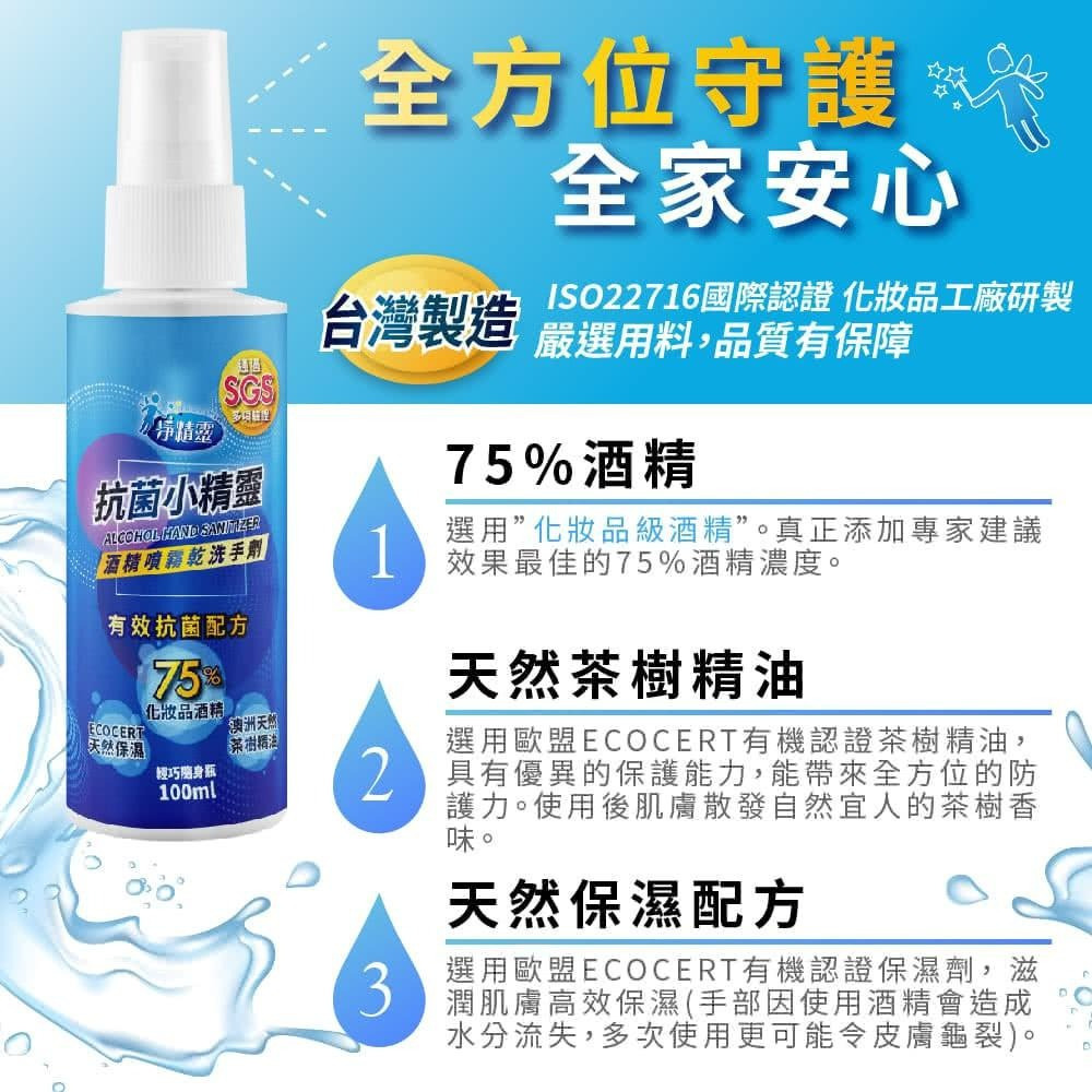 【現貨附發票】淨精靈 抗菌小精靈 酒精噴霧乾洗手劑 100ml /瓶-細節圖2