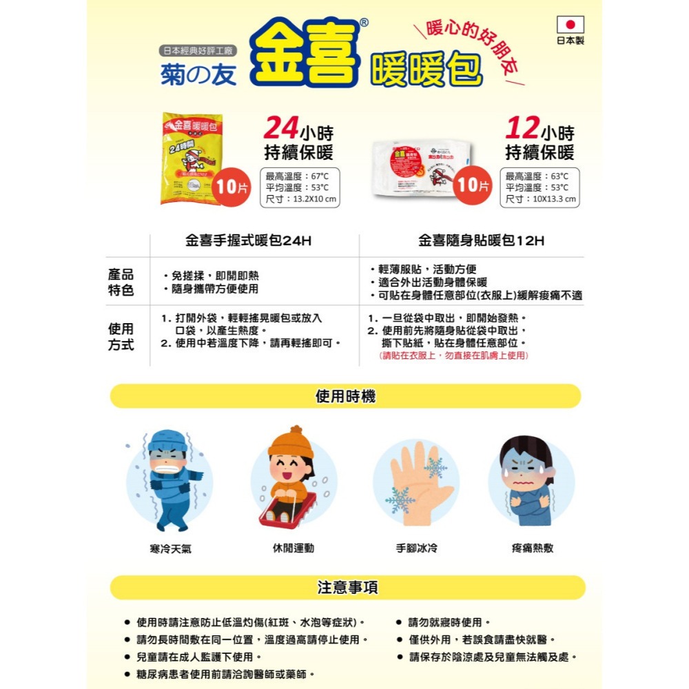 【現貨附發票】日本製 菊之友 金喜手握式暖暖包 24H 10入 /袋-細節圖2