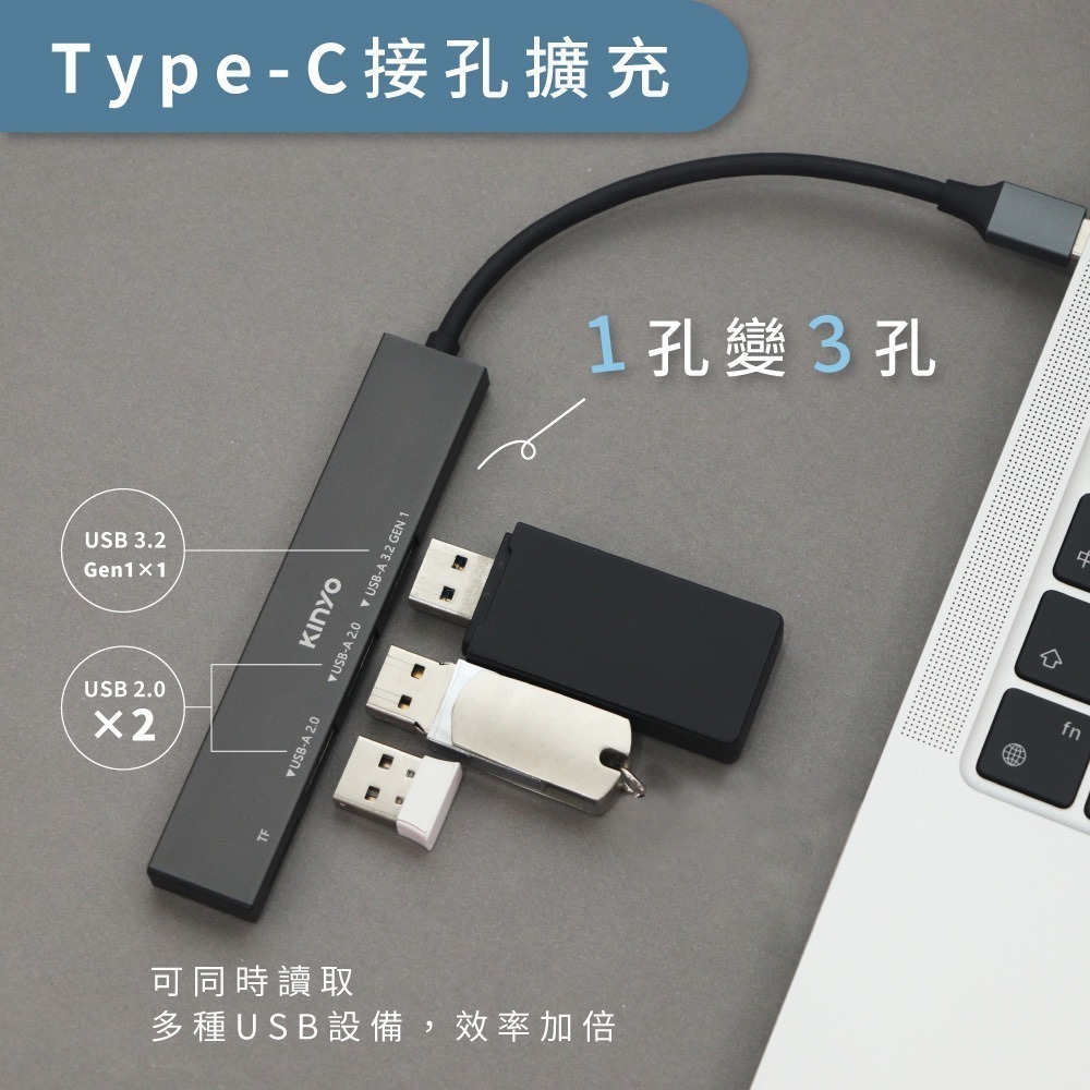 【現貨附發票】KINYO Type-C USB3.2 Gen1 3 PORT+TF讀卡HUB集線器 1入 HUB-33C-細節圖3