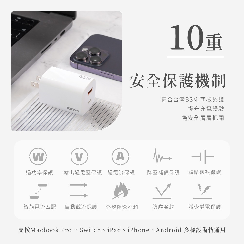 【現貨附發票】KINYO 耐嘉 氮化鎵雙孔PD充電器65W USB+Type-C USB充電器 1入 PDCB-165-細節圖7