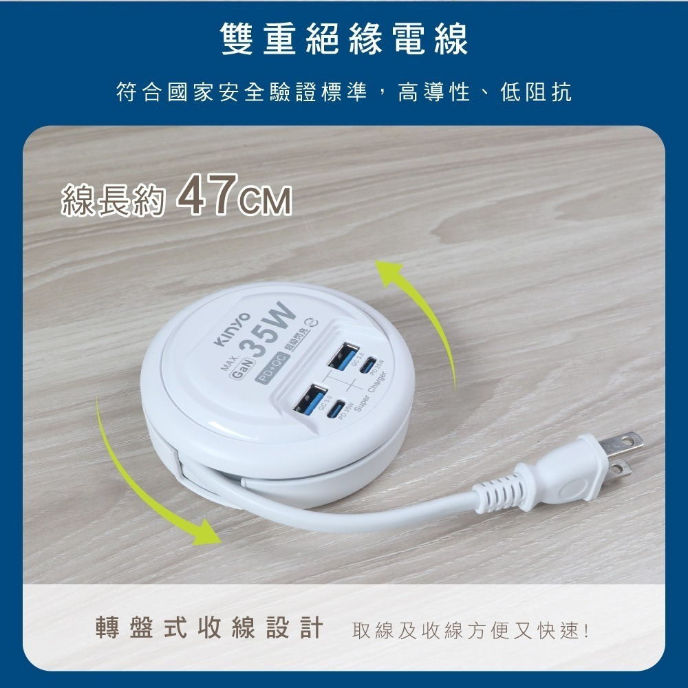 【現貨附發票】KINYO 耐嘉 4USB收納式PD+QC智慧快充分接器延長線 USB充電器 1入 GIU-PD435-細節圖4