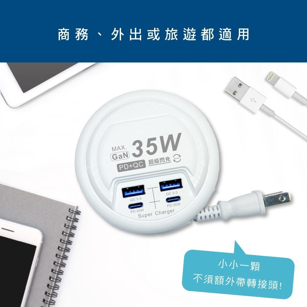 【現貨附發票】KINYO 耐嘉 4USB收納式PD+QC智慧快充分接器延長線 USB充電器 1入 GIU-PD435-細節圖7