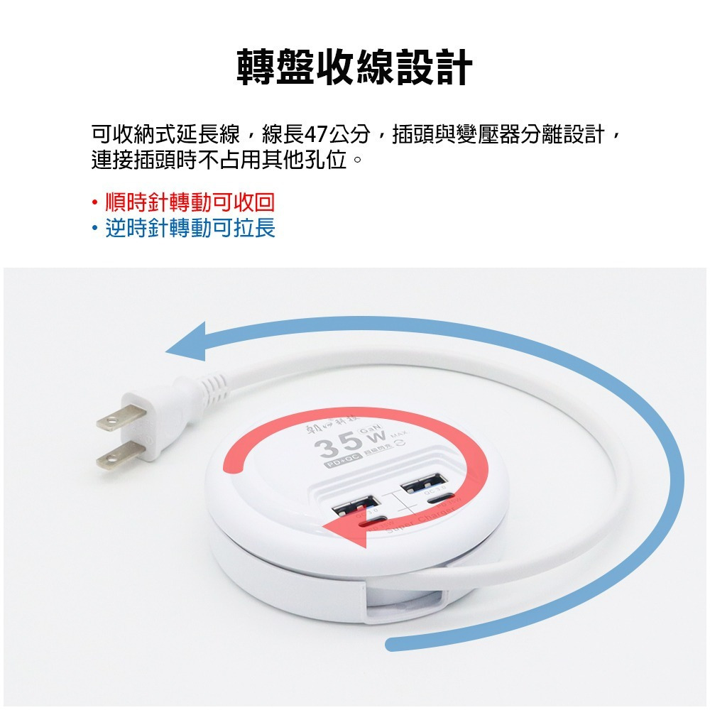 【現貨附發票】雙日 朝日科技 4USB收納式PD+QC智慧超級閃充分接器延長線 USB充電器 1入 USB-35PD-細節圖3