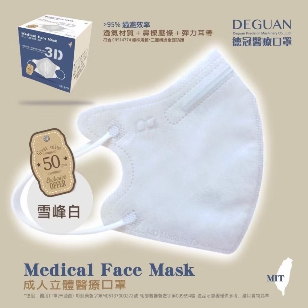 省荷包市集【德冠】3D立體醫用口罩 成人 醫療口罩  50入 台灣製-規格圖11