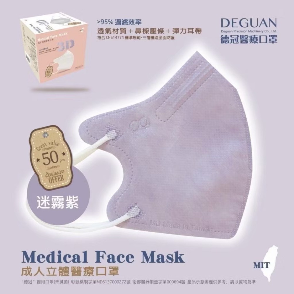 省荷包市集【德冠】3D立體醫用口罩 成人 醫療口罩  50入 台灣製-規格圖11