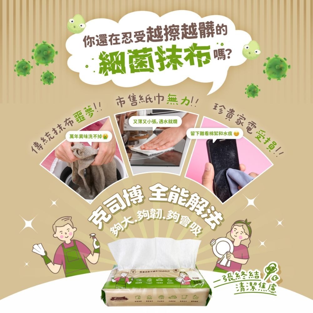 省荷包市集【KESPOL克司博】抹布 擦拭布 全能萬用巾 乾濕兩用 家居清潔 40抽/包-細節圖2