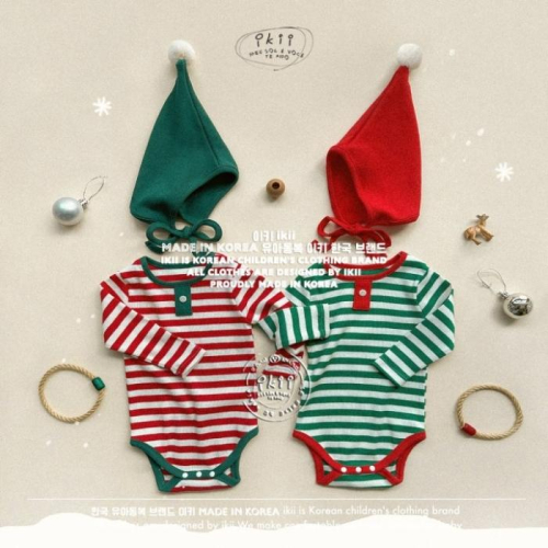 韓國代購-ikii 🌟部分現貨🌟聖誕精靈條紋包屁衣帽子套裝 聖誕節寶寶 韓國製空運嫩嬰滿月拍照彌月收涎照相2色