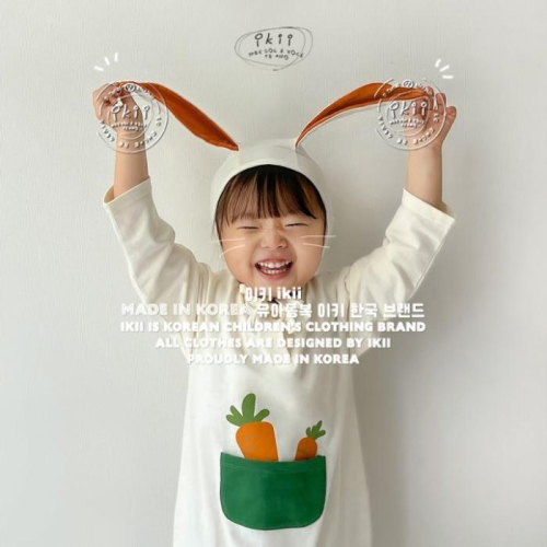 韓國代購-ikii 兔寶寶套裝 兔耳帽 連身衣 帽子套裝 韓國製 空運 嫩嬰 滿月 拍照 彌月 收涎照相