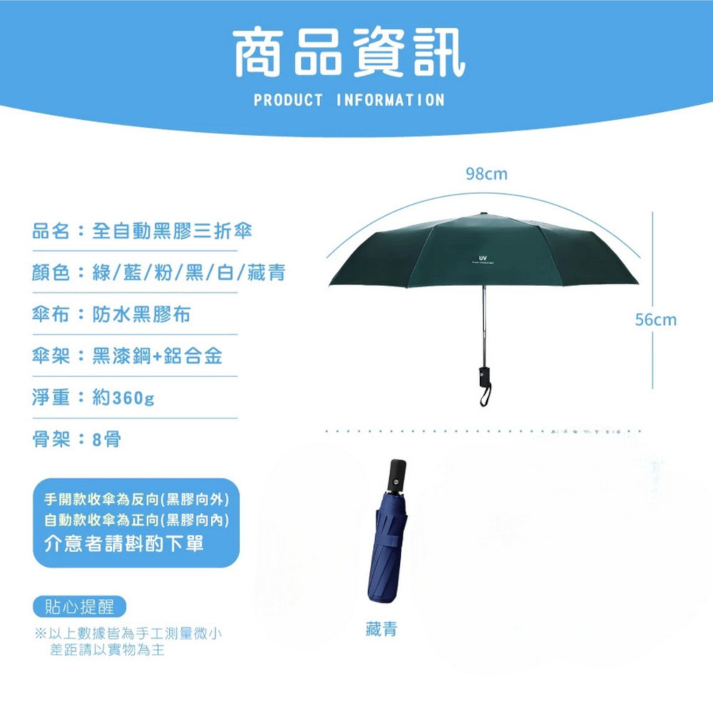 自動傘、雨傘、遮陽傘、晴雨傘 黑膠三折抗UV傘 信音-細節圖2