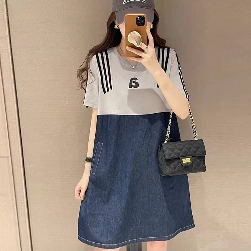 2023韓版夏季特大碼牛仔拼接寬鬆顯瘦-細節圖2