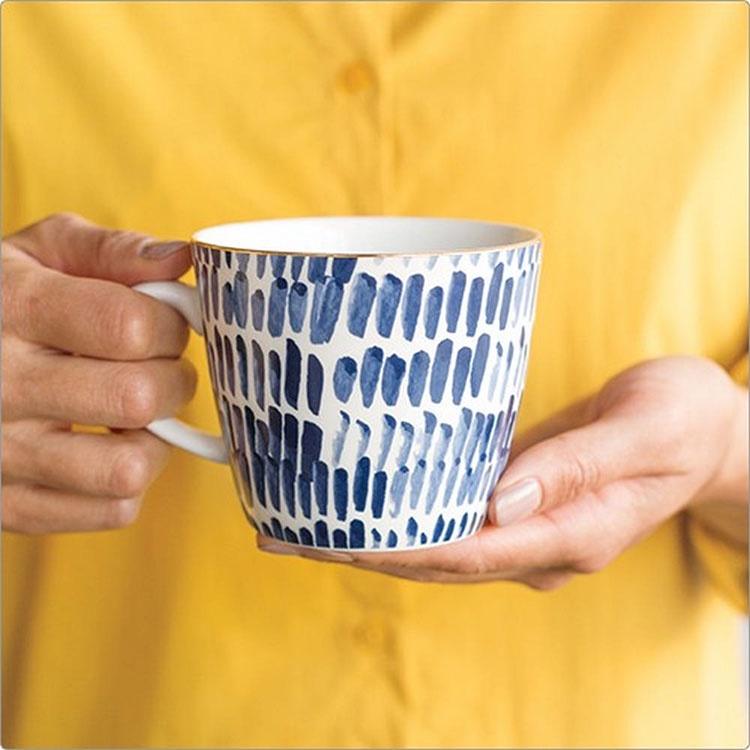 《NOW》金邊馬克杯(靛藍直紋325ml) | 水杯 茶杯 咖啡杯-細節圖4