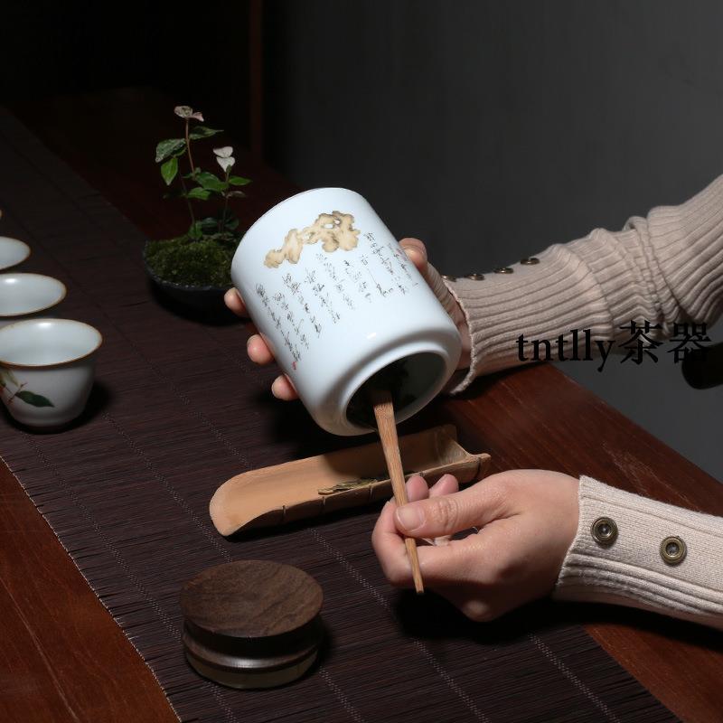 【現貨免運】影青瓷黑檀木蓋密封罐 柿子陶瓷儲茶罐中號茶倉 德化茶具-細節圖2
