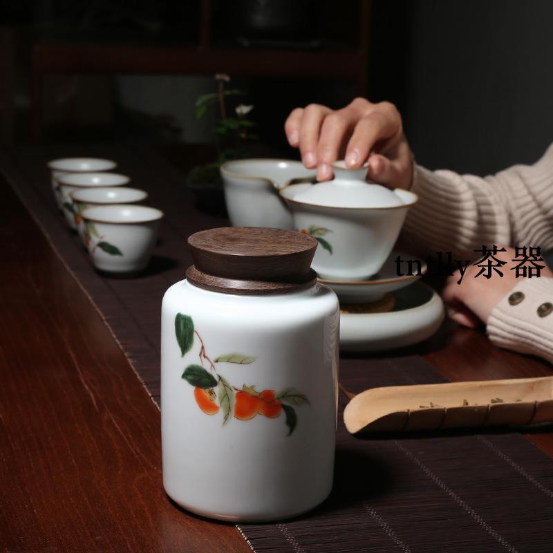 【現貨免運】影青瓷黑檀木蓋密封罐 柿子陶瓷儲茶罐中號茶倉 德化茶具-細節圖4