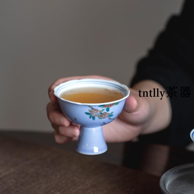 【現貨免運】手繪木槿紫色高腳杯杯家用陶瓷茶具品茗杯喝茶碗 德化茶具-細節圖3