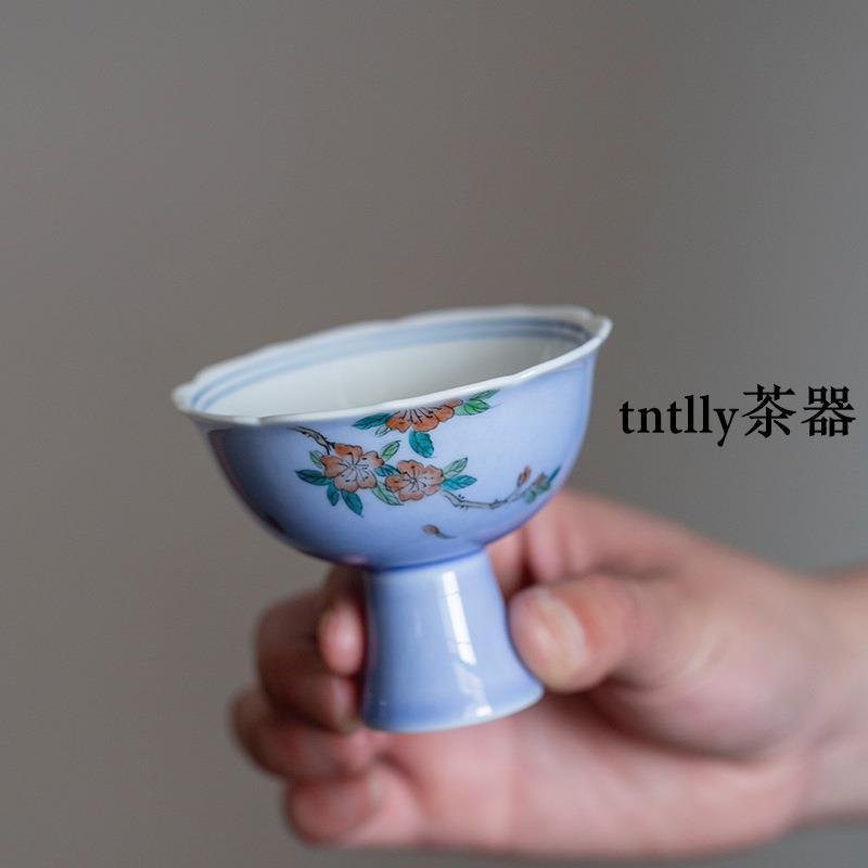 【現貨免運】手繪木槿紫色高腳杯杯家用陶瓷茶具品茗杯喝茶碗 德化茶具-細節圖4
