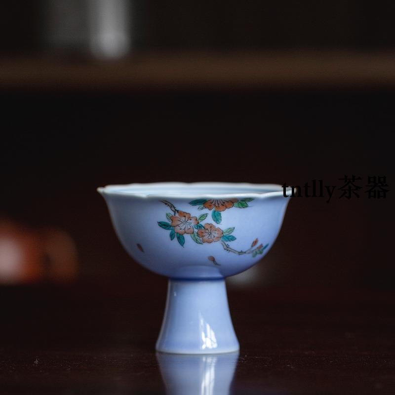 【現貨免運】手繪木槿紫色高腳杯杯家用陶瓷茶具品茗杯喝茶碗 德化茶具-細節圖6