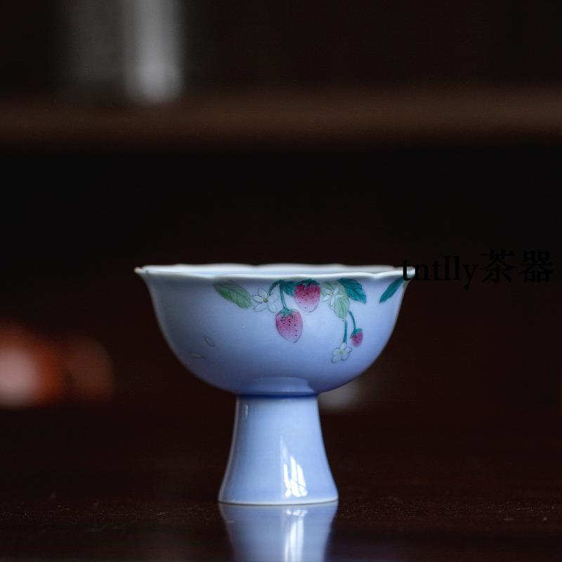 【現貨免運】手繪木槿紫色高腳杯杯家用陶瓷茶具品茗杯喝茶碗 德化茶具-細節圖7