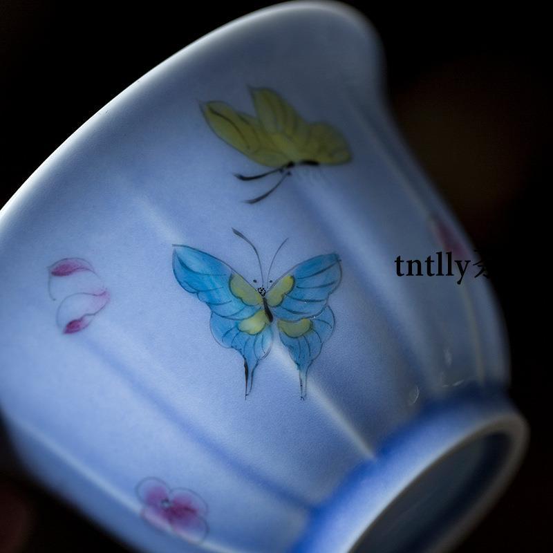 【現貨免運】紫色女士手繪小碎花蝴蝶蓋碗單個家用泡功夫茶碗 德化茶具-細節圖2