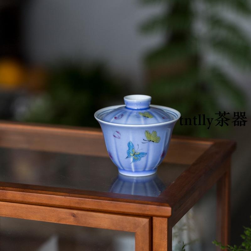 【現貨免運】紫色女士手繪小碎花蝴蝶蓋碗單個家用泡功夫茶碗 德化茶具-細節圖3