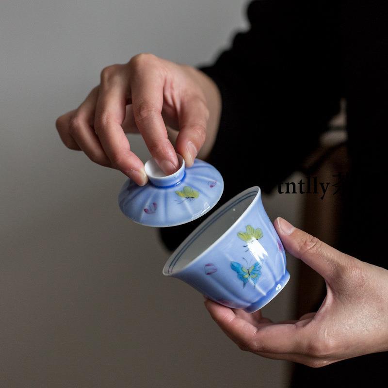 【現貨免運】紫色女士手繪小碎花蝴蝶蓋碗單個家用泡功夫茶碗 德化茶具-細節圖4