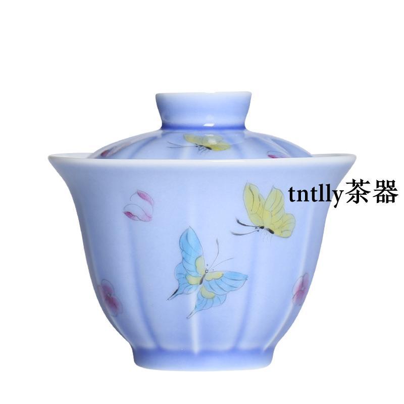 【現貨免運】紫色女士手繪小碎花蝴蝶蓋碗單個家用泡功夫茶碗 德化茶具-細節圖5