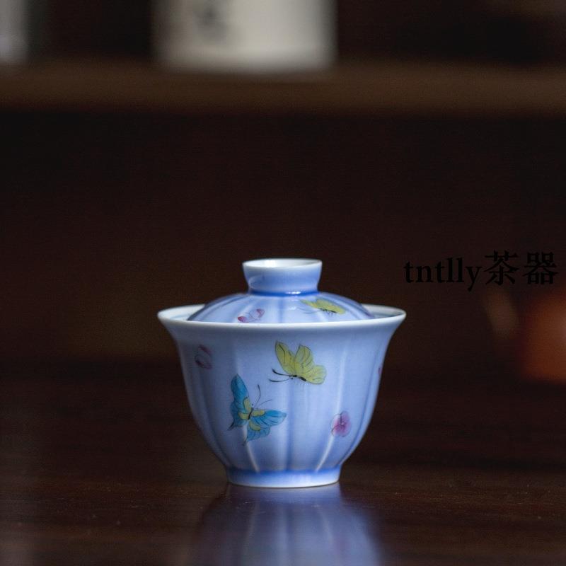 【現貨免運】紫色女士手繪小碎花蝴蝶蓋碗單個家用泡功夫茶碗 德化茶具-細節圖6