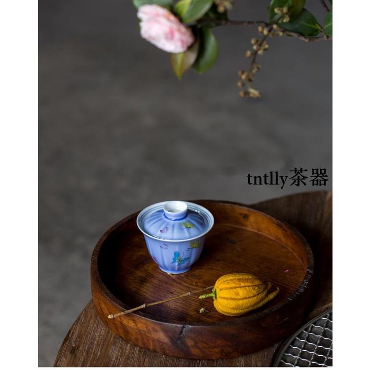 【現貨免運】紫色女士手繪小碎花蝴蝶蓋碗單個家用泡功夫茶碗 德化茶具-細節圖7