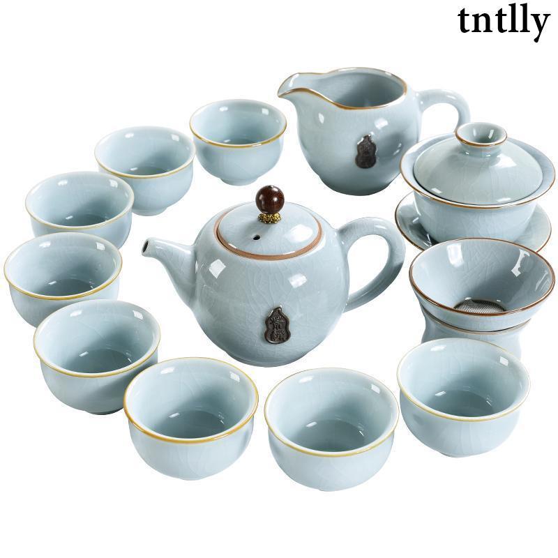 ☕茶具 開片陶瓷功夫茶具套裝家用簡約茶壺茶杯復古月白哥窯茶道幹泡茶盤-細節圖3