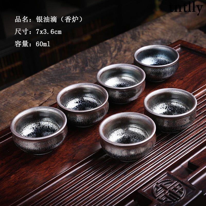 ☕茶具 建陽建盞一口杯茶盞鐵胎百花油滴六隻裝茶具套裝配件功夫茶杯小號-細節圖3