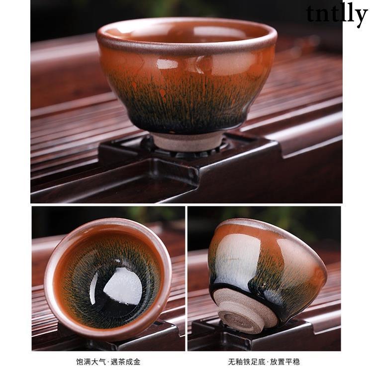 ☕茶具 建陽建盞一口杯茶盞鐵胎百花油滴六隻裝茶具套裝配件功夫茶杯小號-細節圖9