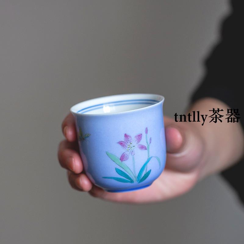 【現貨免運】紫色手繪蘭杯大容量主人杯家用陶瓷茶具喝茶碗 德化茶具-細節圖4