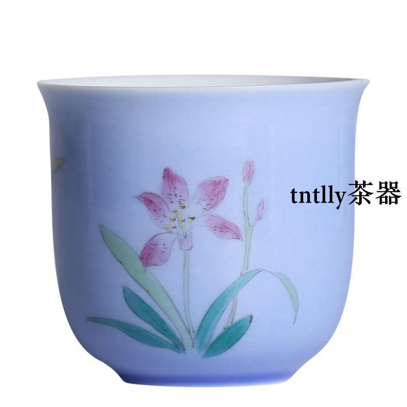 【現貨免運】紫色手繪蘭杯大容量主人杯家用陶瓷茶具喝茶碗 德化茶具-細節圖5