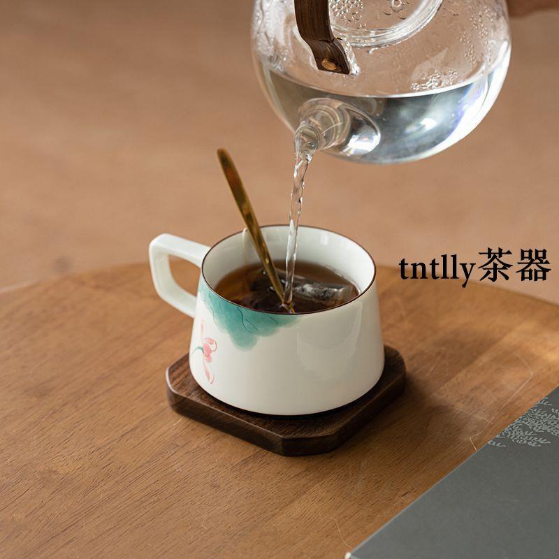 【現貨免運】手繪荷花咖啡杯陶瓷釉下彩馬克杯家用辦公杯中式水杯女禮盒裝送禮 德化茶具-細節圖2