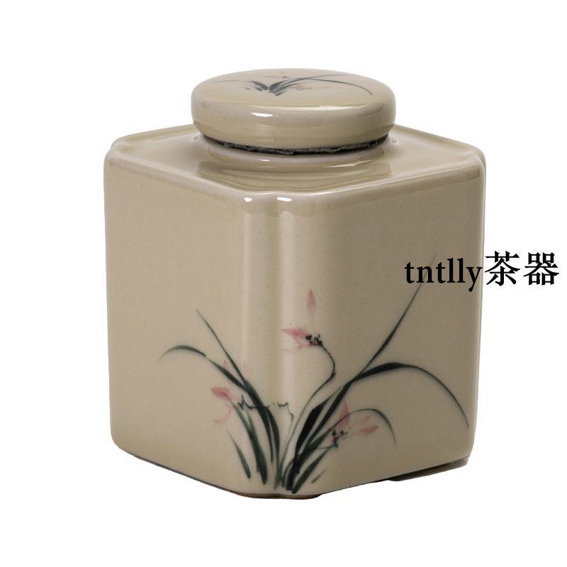 【現貨免運】草木灰手繪蘭花小號密封罐功夫茶具密封茶倉陶瓷儲茶罐 德化茶具-細節圖5