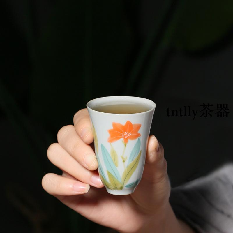 【現貨免運】手繪蘭花小號聞香杯功夫茶具釉下彩小茶杯家用單杯品茗杯 德化茶具-細節圖3