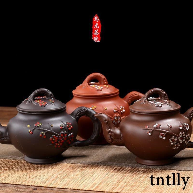 ☕茶壺 紫砂壺茶壺宜興朱泥紫砂壺彩繪梅梅花壺過濾壺仿古西施石瓢報春壺-細節圖8